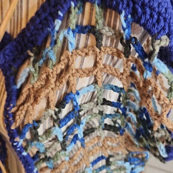 Handmade crochet knit blue open sweater women's size S/M with tan crossbody - Picture 5 of 9